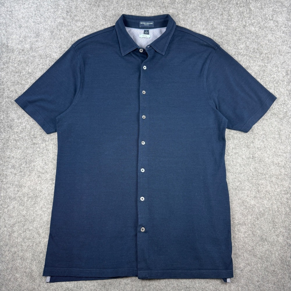 Peter Millar Collection Perfect Pique Button Up Shirt Mens Large Navy Blue